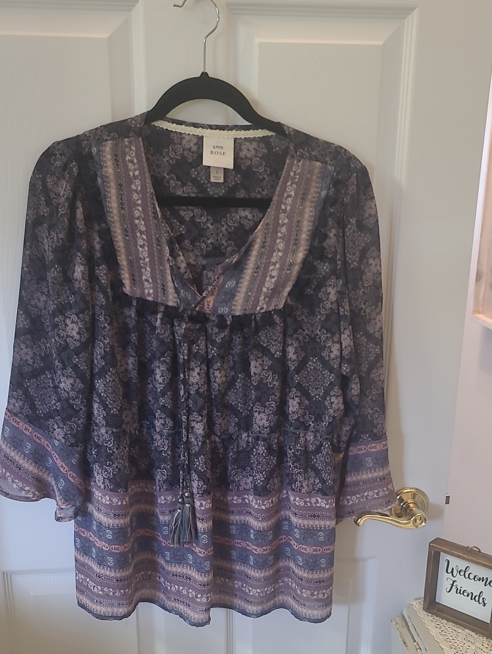 Knox Rose Lavender and Navy Mixed-Print Peasant Tunic. Bin 6